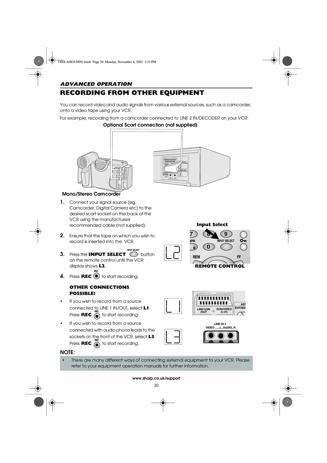 Sharp VC-MH835HM operation manual Recording from Other Equipment, Other Connections Possible 