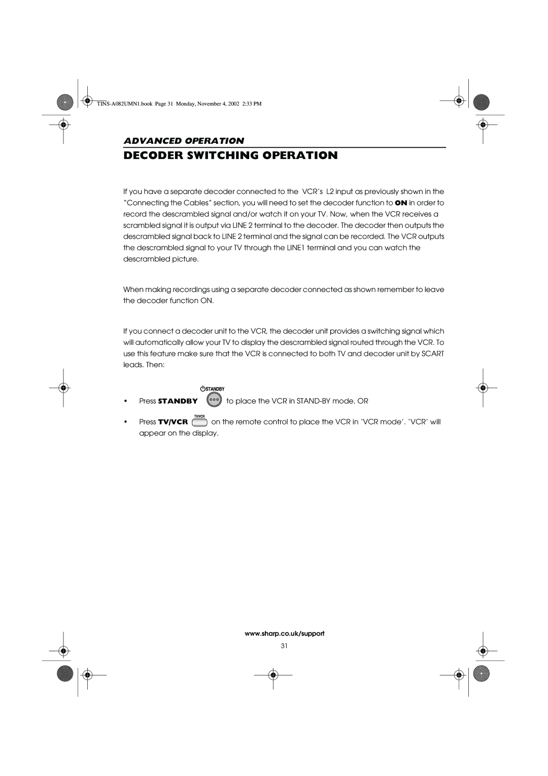 Sharp VC-MH835HM operation manual Decoder Switching Operation 