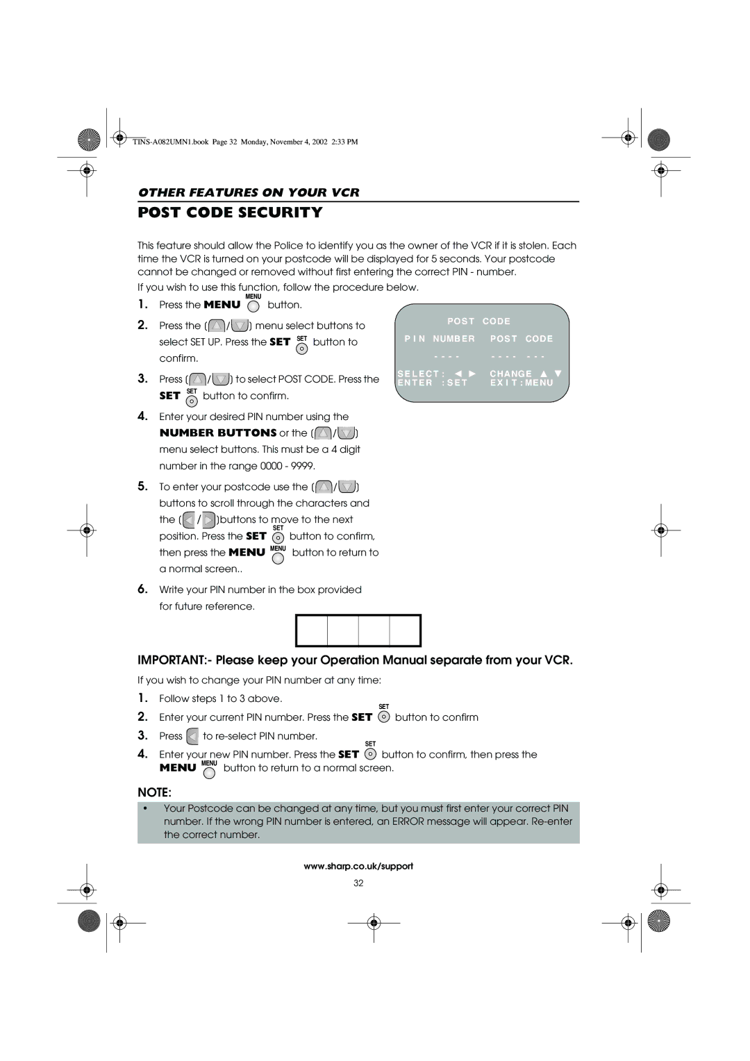 Sharp VC-MH835HM operation manual Post Code Security 