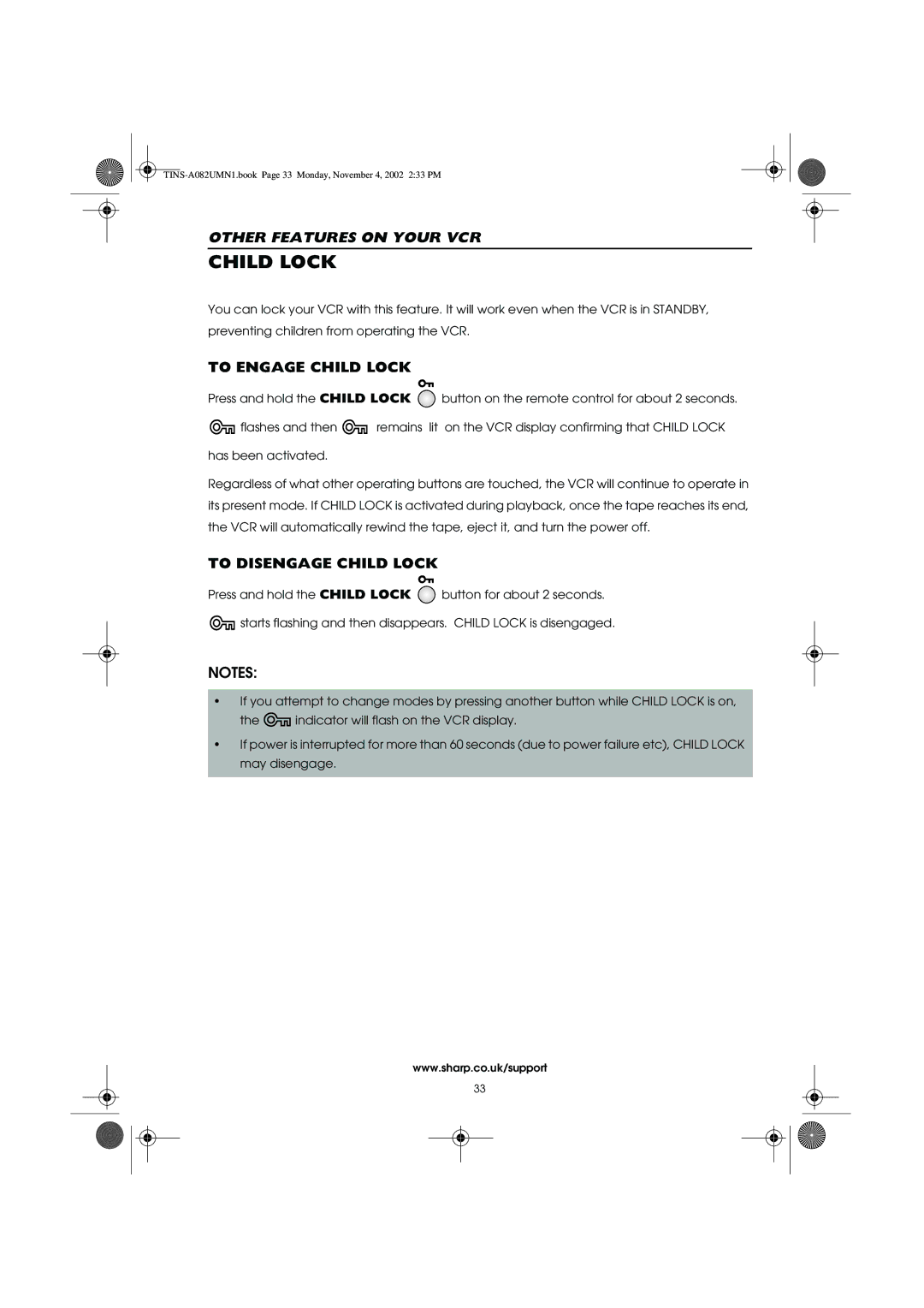 Sharp VC-MH835HM operation manual To Engage Child Lock, To Disengage Child Lock 