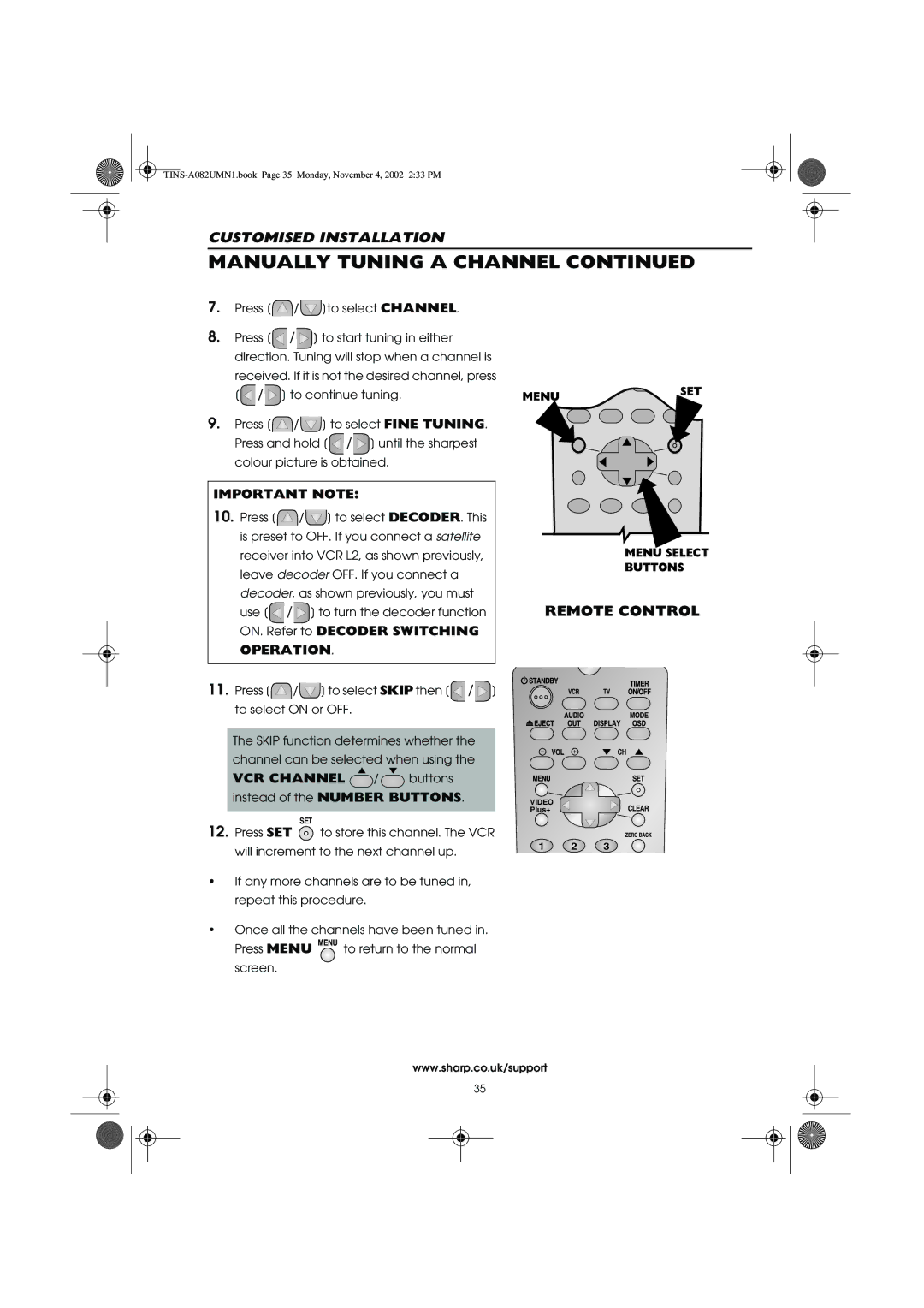 Sharp VC-MH835HM operation manual Important Note, Operation, VCR Channel / buttons 