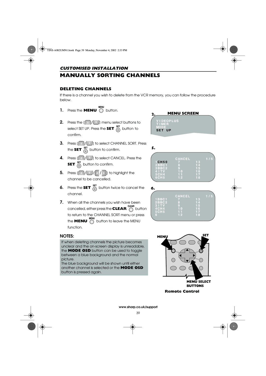 Sharp VC-MH835HM operation manual Deleting Channels, Menu SET 