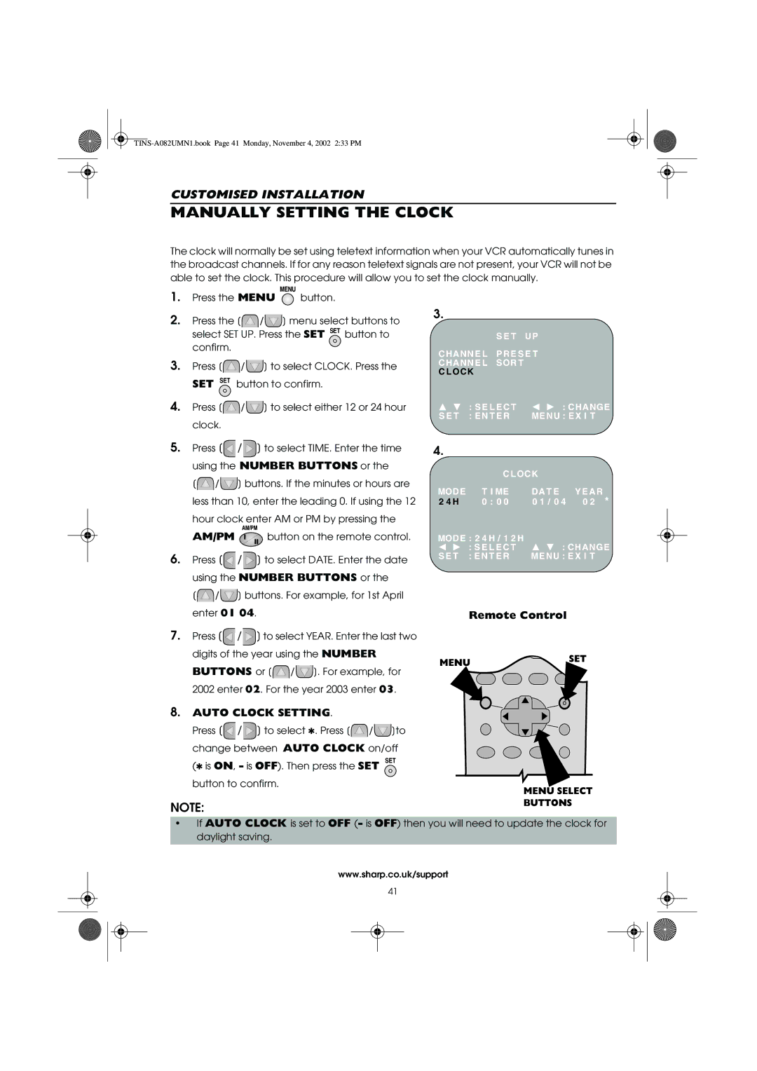 Sharp VC-MH835HM operation manual Manually Setting the Clock, Auto Clock Setting 