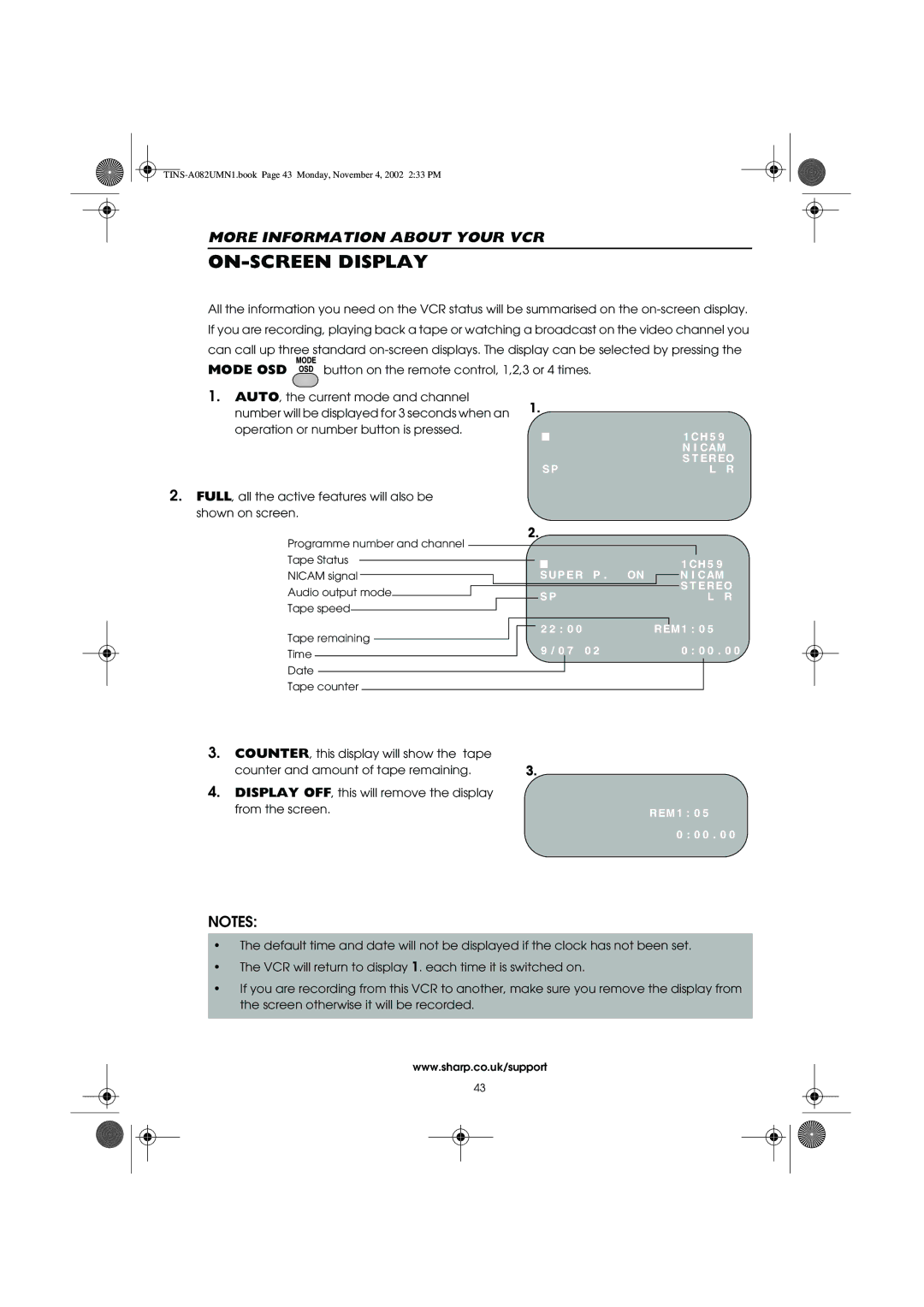 Sharp VC-MH835HM operation manual ON-SCREEN Display, FULL, all the active features will also be shown on screen 