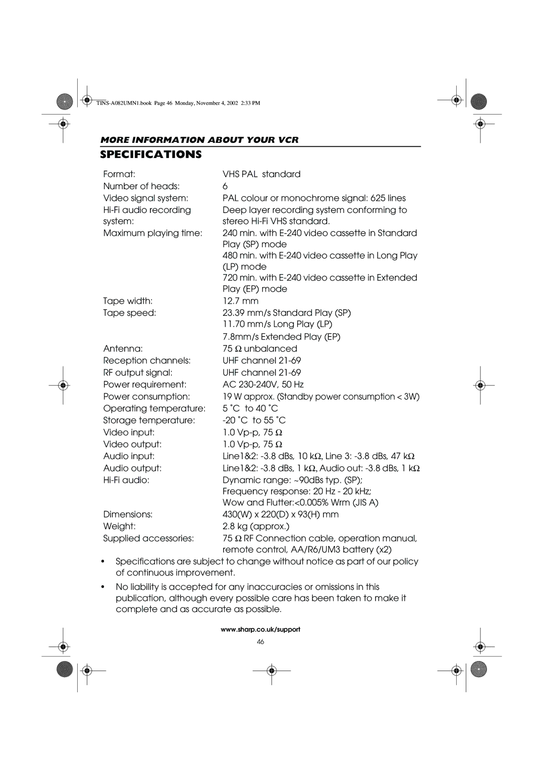 Sharp VC-MH835HM operation manual Specifications 