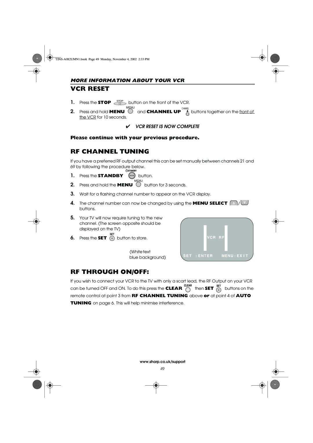 Sharp VC-MH835HM operation manual VCR Reset, RF Channel Tuning, RF Through ON/OFF 