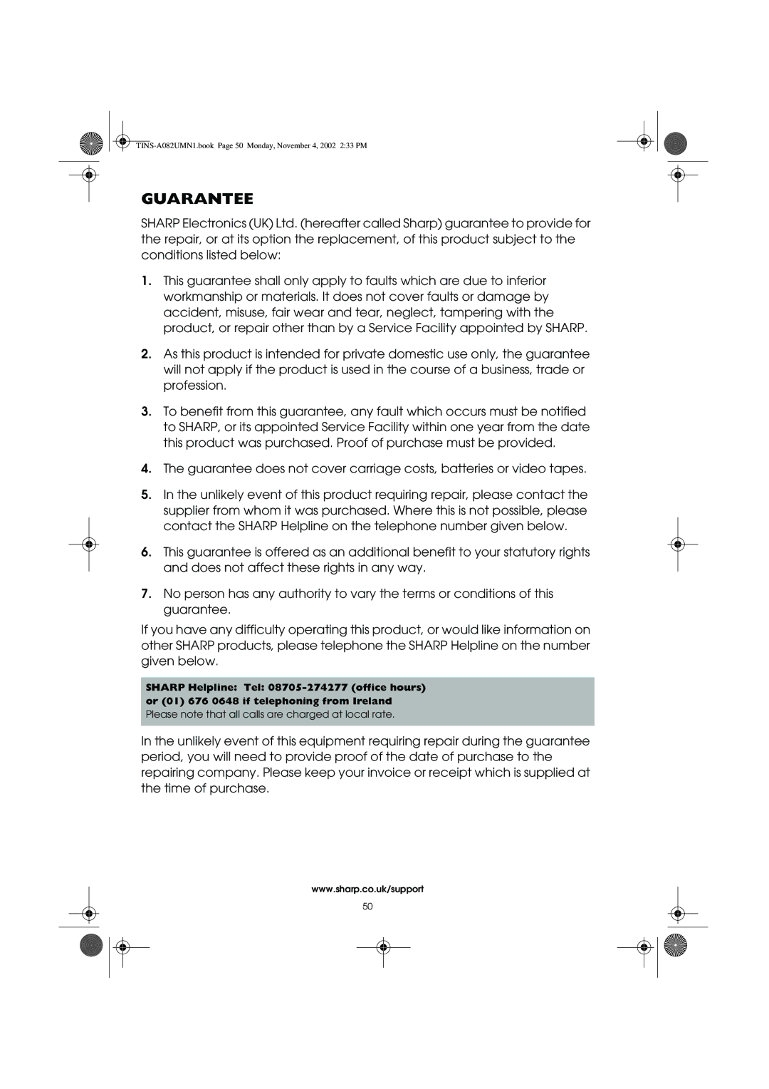 Sharp VC-MH835HM operation manual Guarantee 