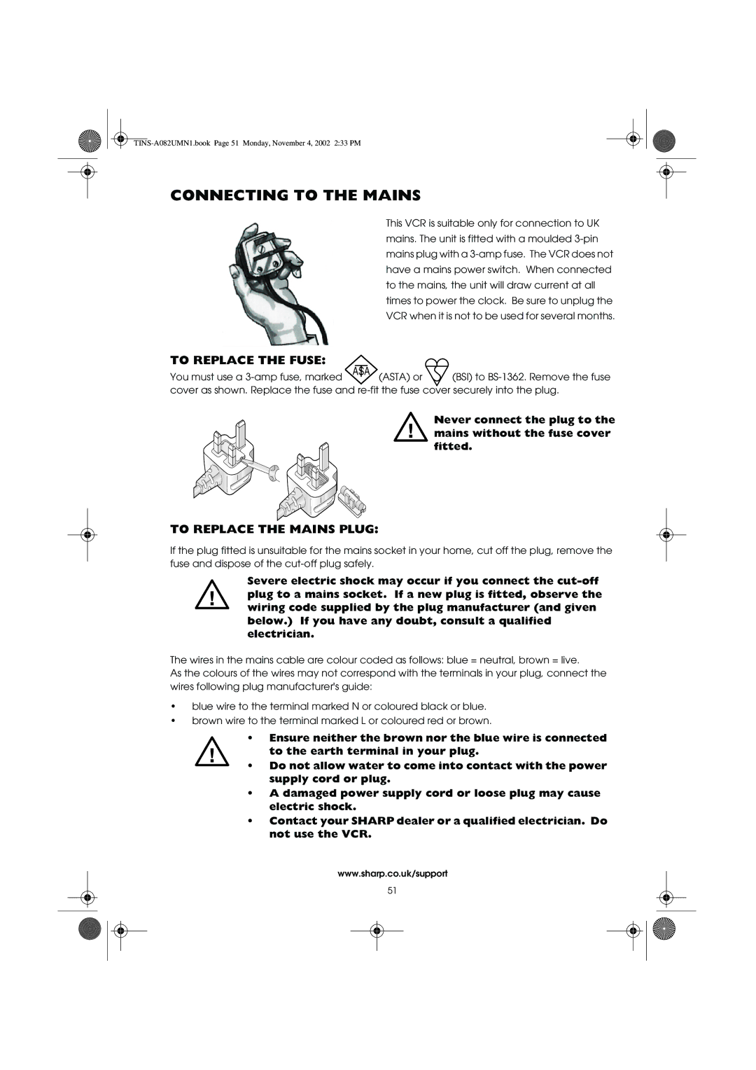 Sharp VC-MH835HM operation manual Connecting to the Mains, To Replace the Fuse, To Replace the Mains Plug 