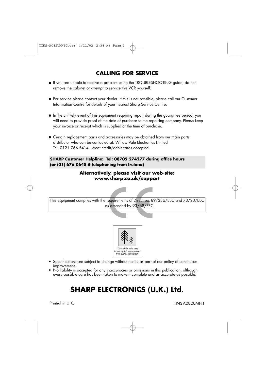 Sharp VC-MH835HM operation manual Calling for Service, Alternatively, please visit our web-site 