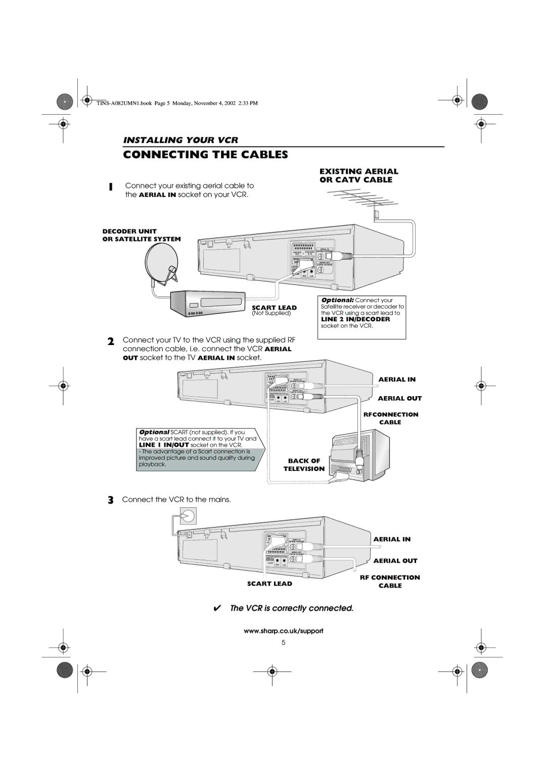 Sharp VC-MH835HM operation manual Connecting the Cables, Existing Aerial Or Catv Cable 