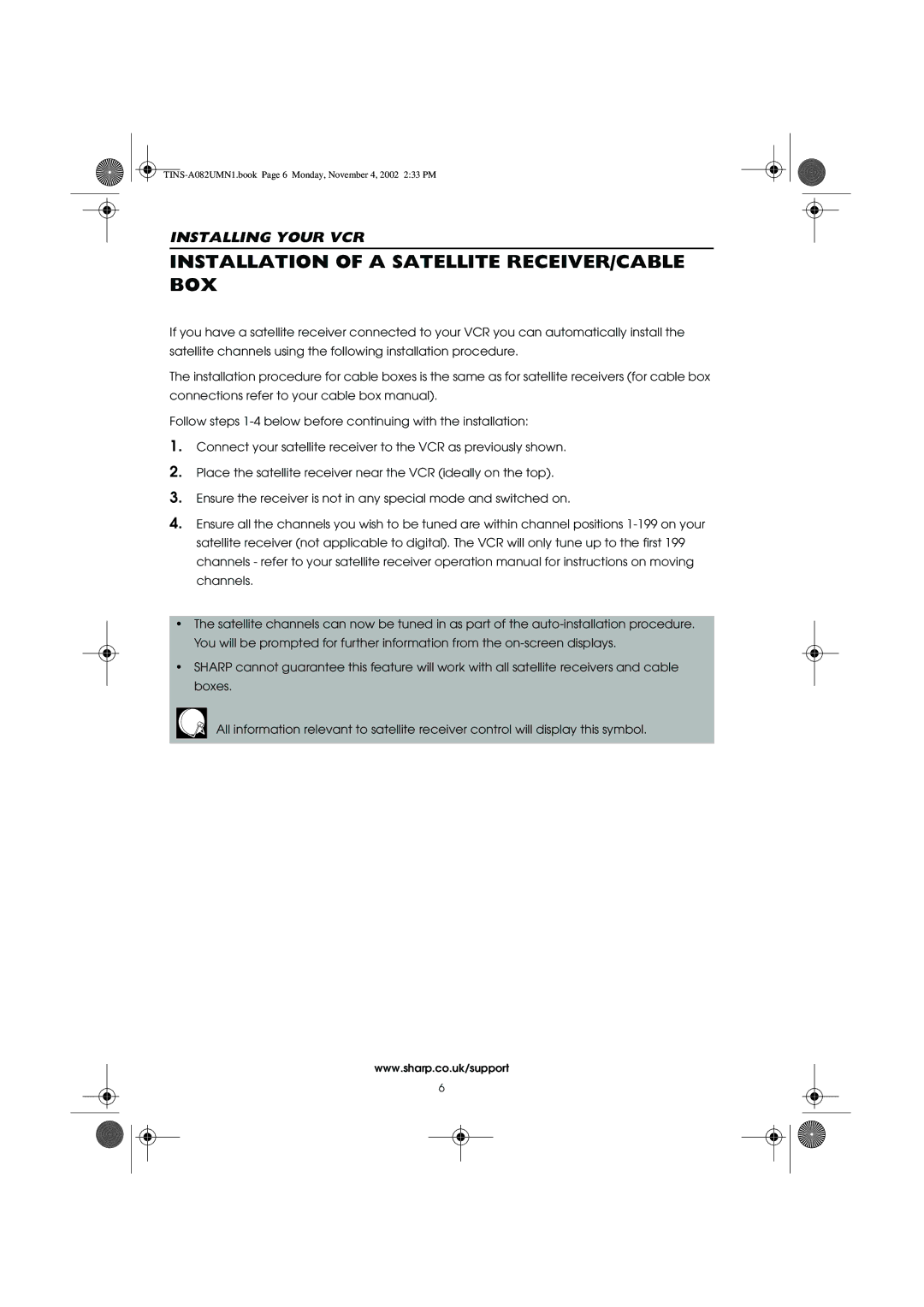 Sharp VC-MH835HM operation manual Installation of a Satellite RECEIVER/CABLE BOX 