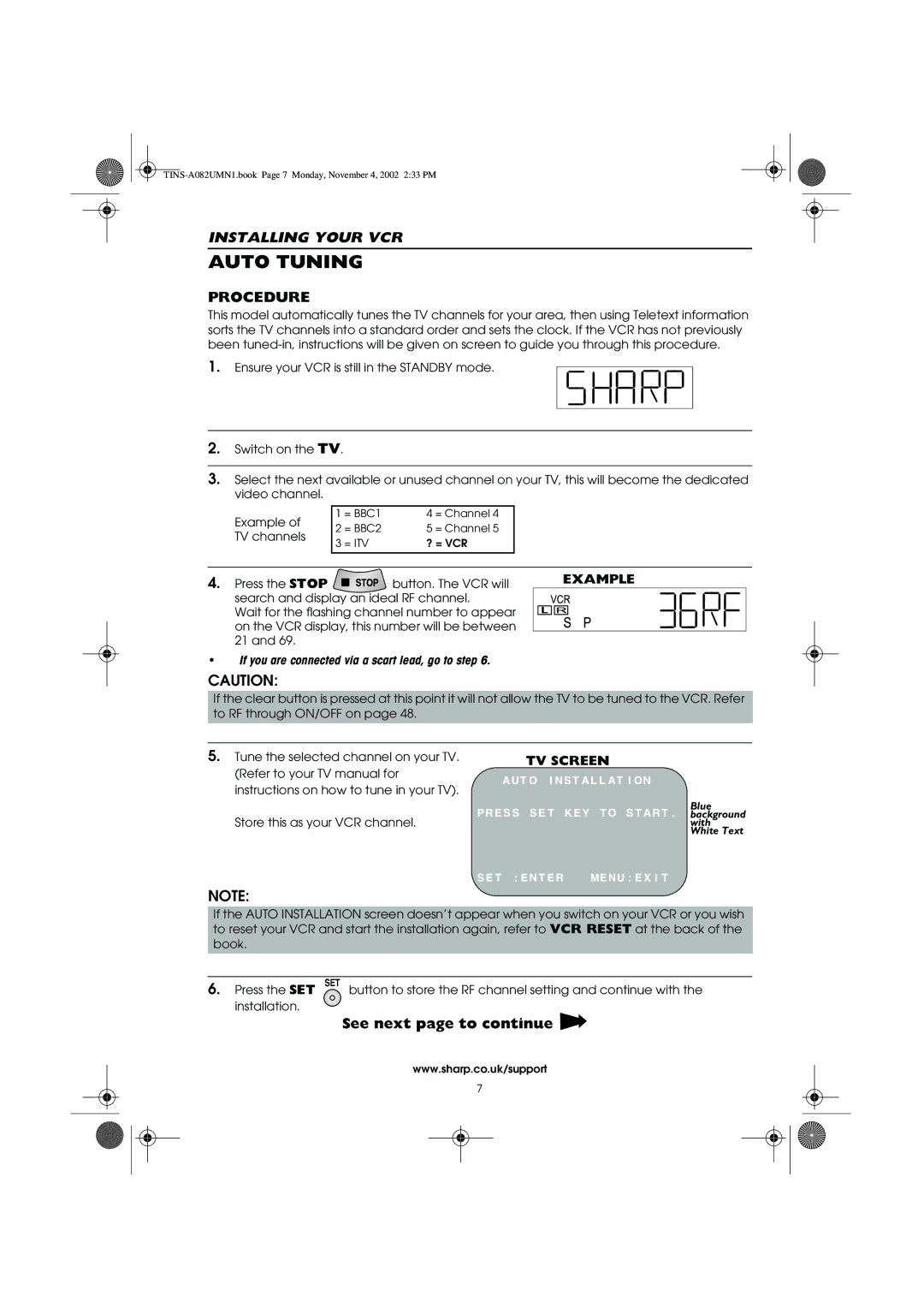 Sharp VC-MH835HM operation manual Auto Tuning, Procedure, Example, TV Screen 