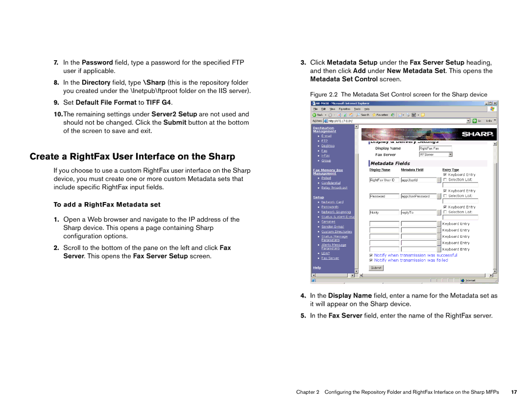 Sharp Version 2.5 manual Create a RightFax User Interface on the Sharp, To add a RightFax Metadata set 