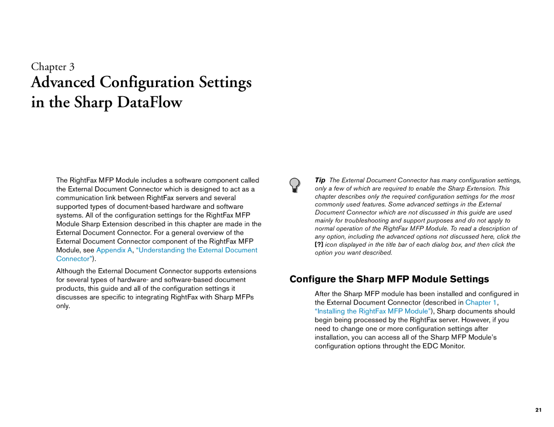 Sharp Version 2.5 manual Advanced Configuration Settings in the Sharp DataFlow, Configure the Sharp MFP Module Settings 