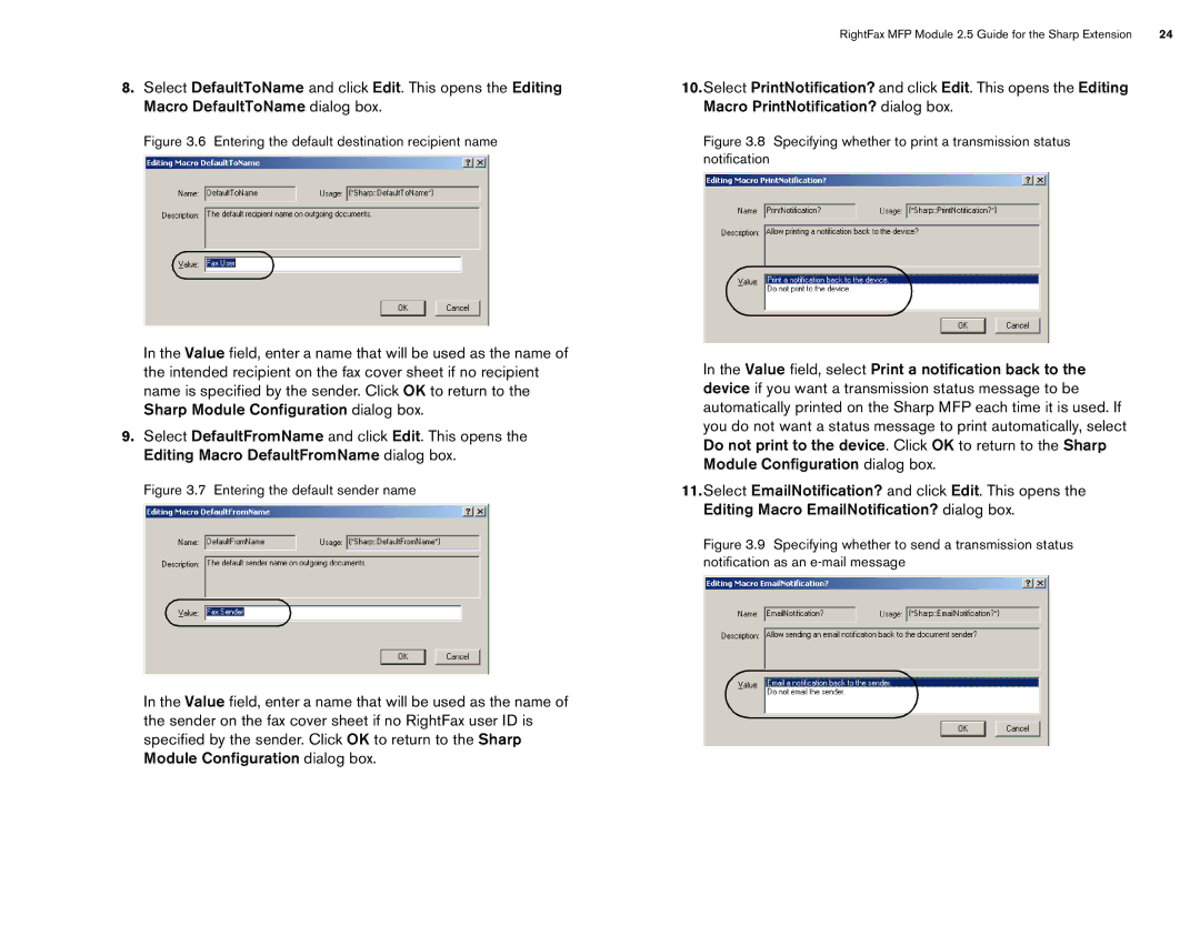 Sharp Version 2.5 manual Entering the default destination recipient name 