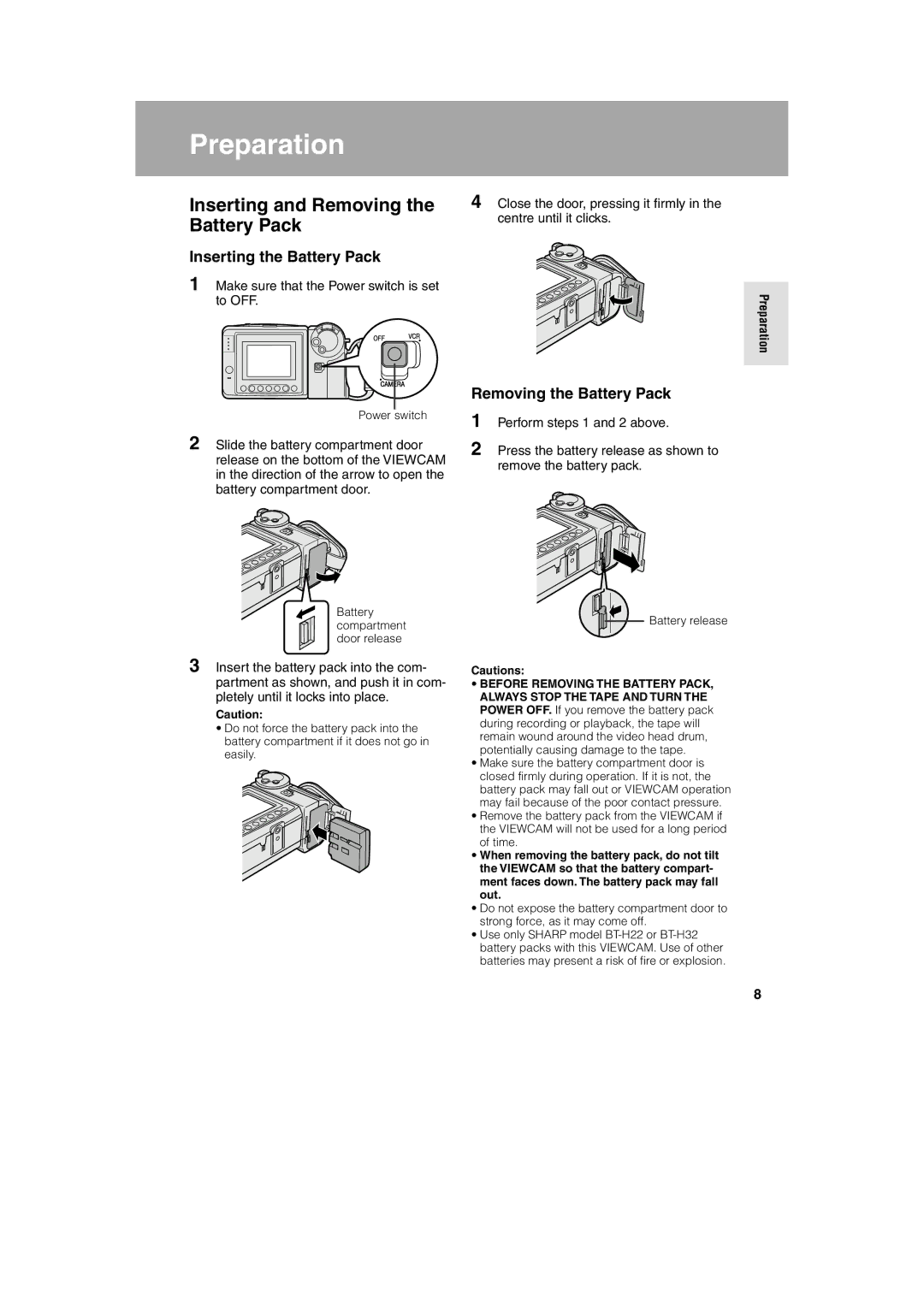 Sharp VL-A10H operation manual Inserting and Removing, Inserting the Battery Pack, Removing the Battery Pack 