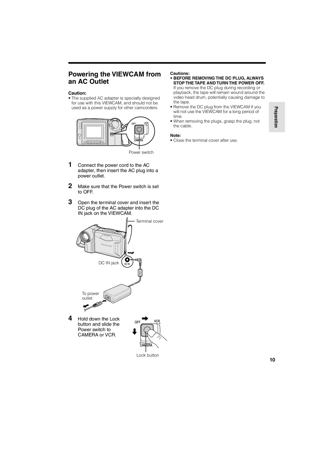 Sharp VL-A10H operation manual Powering the Viewcam from an AC Outlet 