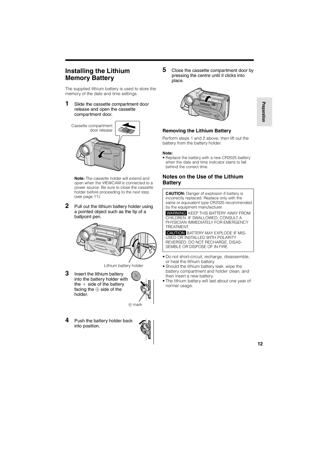 Sharp VL-A10H operation manual Installing the Lithium, Memory Battery, Removing the Lithium Battery 