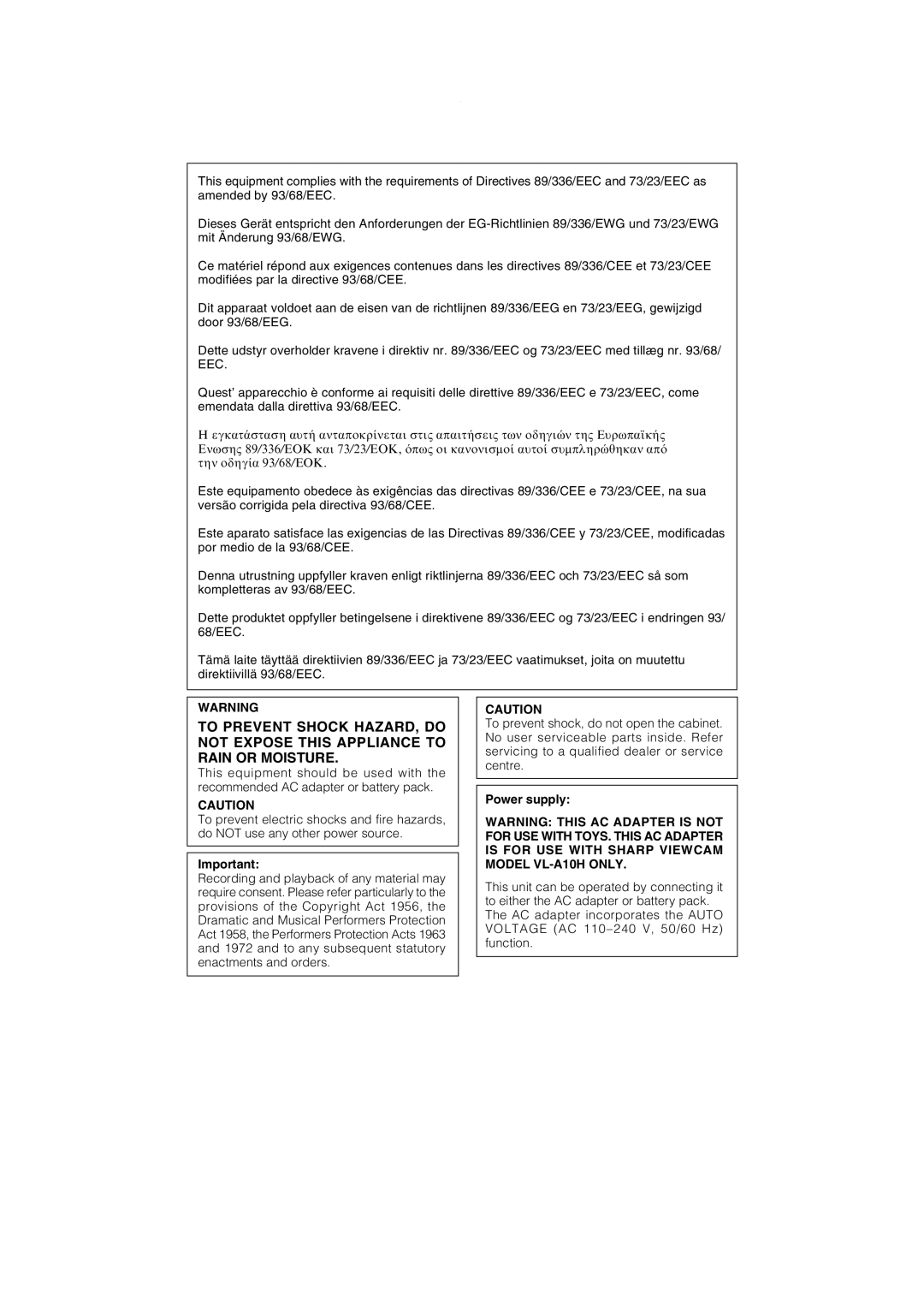 Sharp VL-A10H operation manual Power supply 