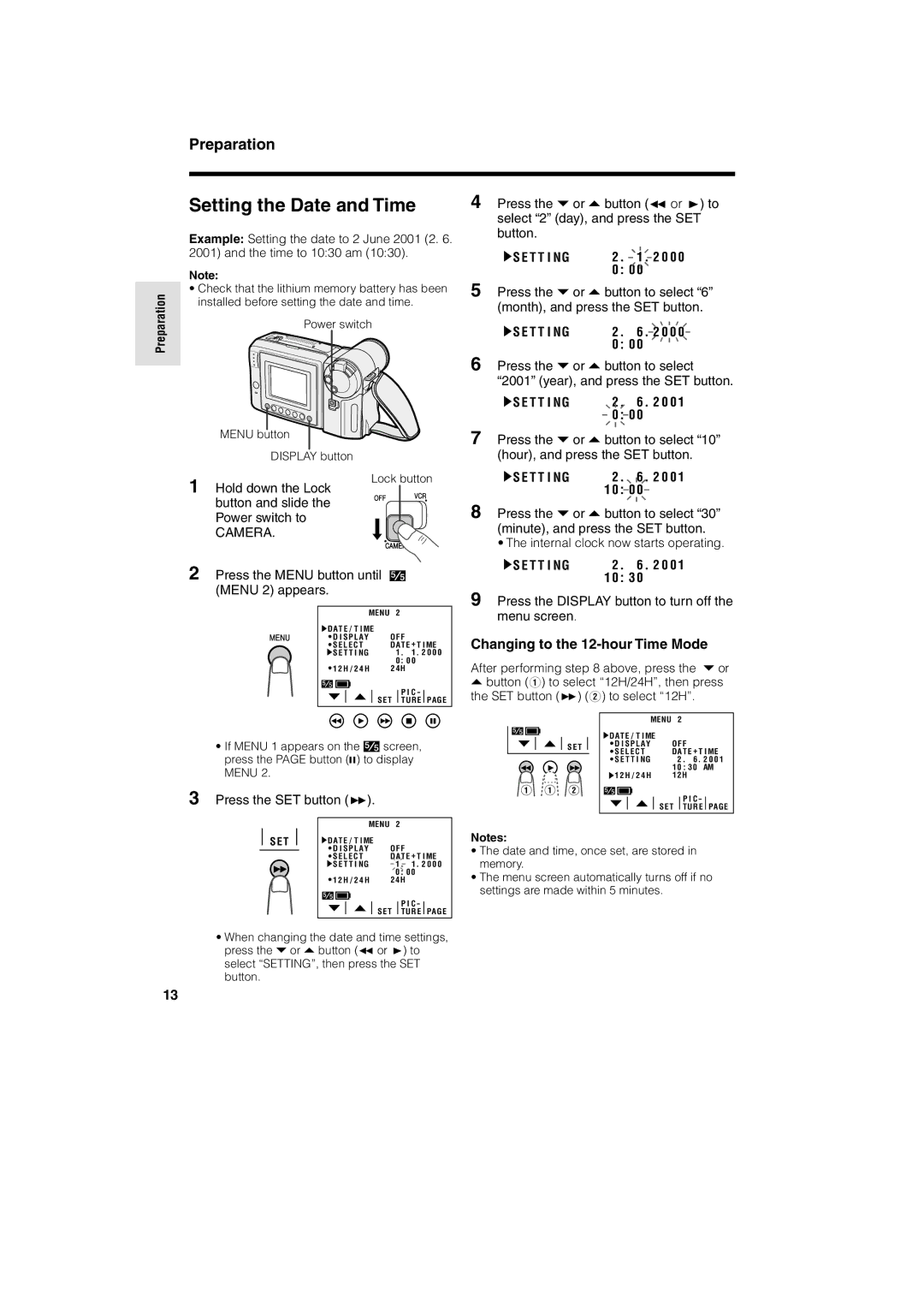 Sharp VL-A10H operation manual Setting the Date and Time, Changing to the 12-hour Time Mode, Press the SET button B 