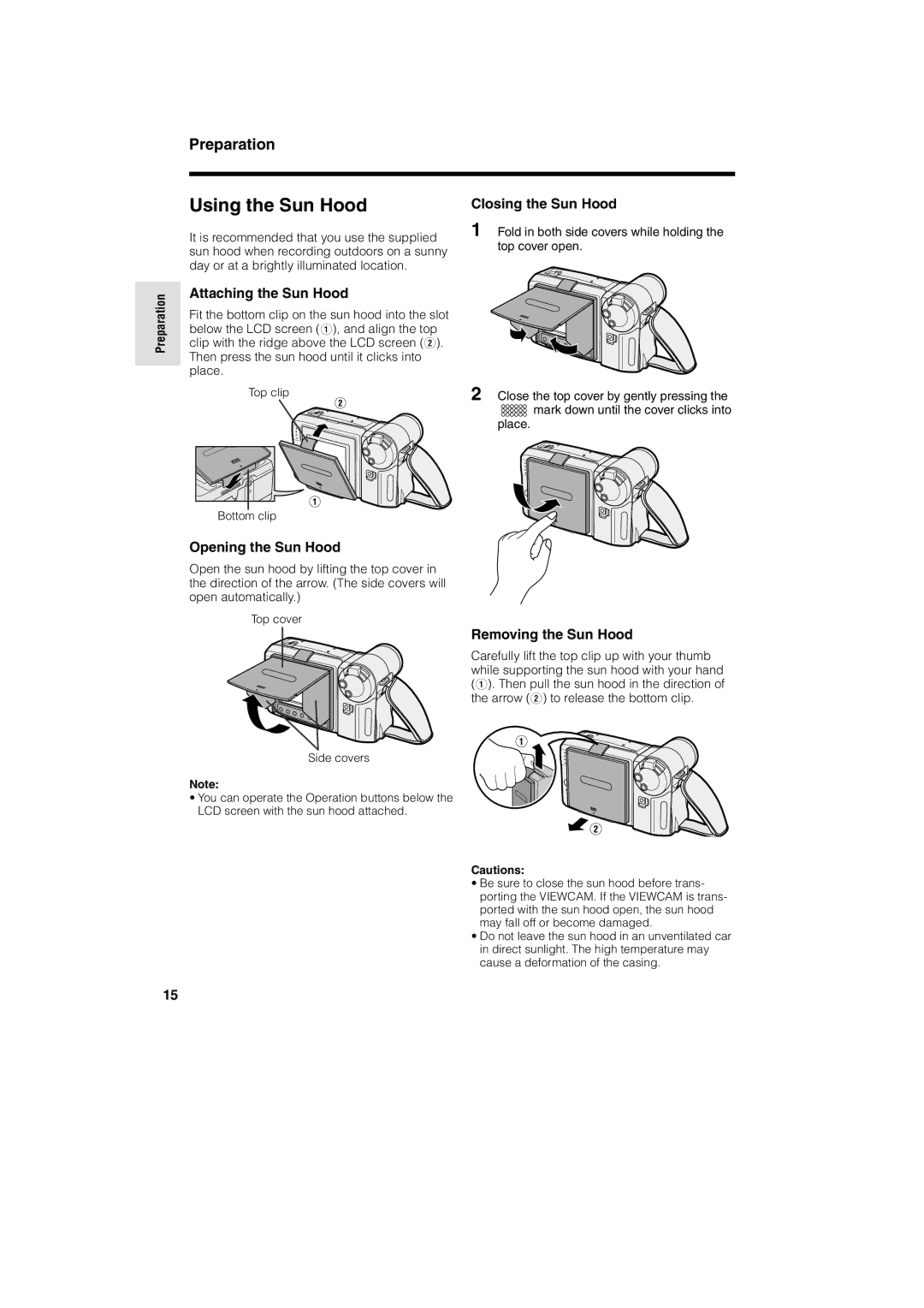 Sharp VL-A10H operation manual Using the Sun Hood, Attaching the Sun Hood, Closing the Sun Hood, Opening the Sun Hood 