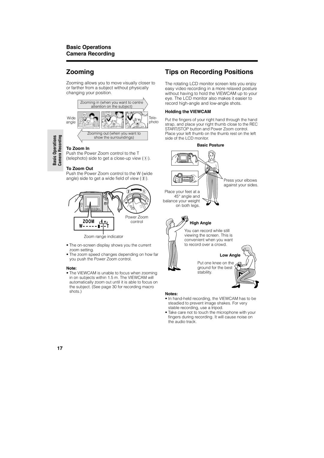 Sharp VL-A10H operation manual Zooming, Tips on Recording Positions, Basic Operations Camera Recording 