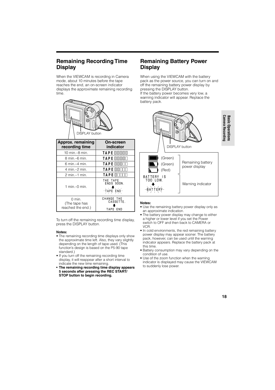 Sharp VL-A10H operation manual Remaining Recording Time Display, Remaining Battery Power Display 