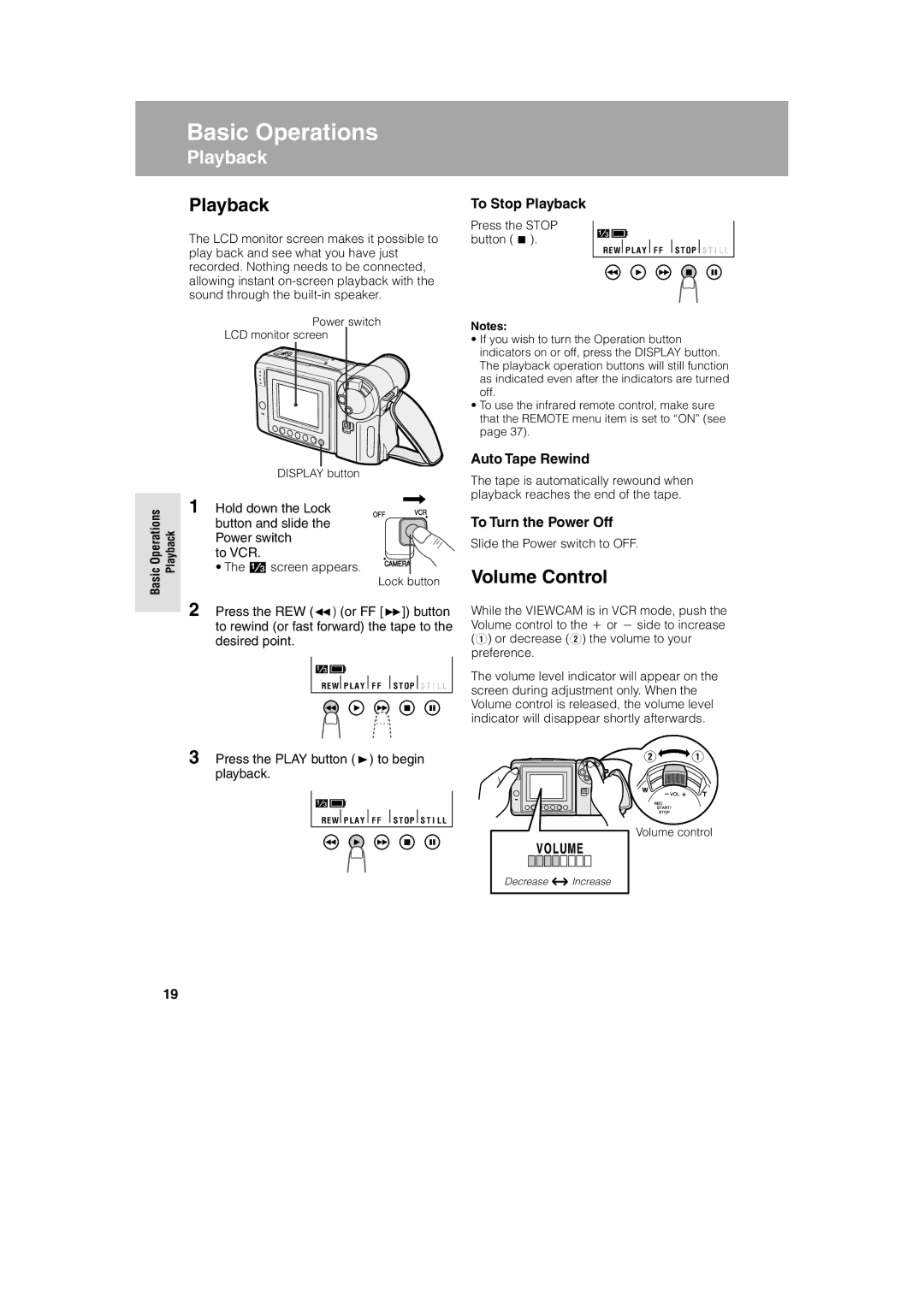 Sharp VL-A10H operation manual Playback, Volume Control, Asic Operations, Yback 