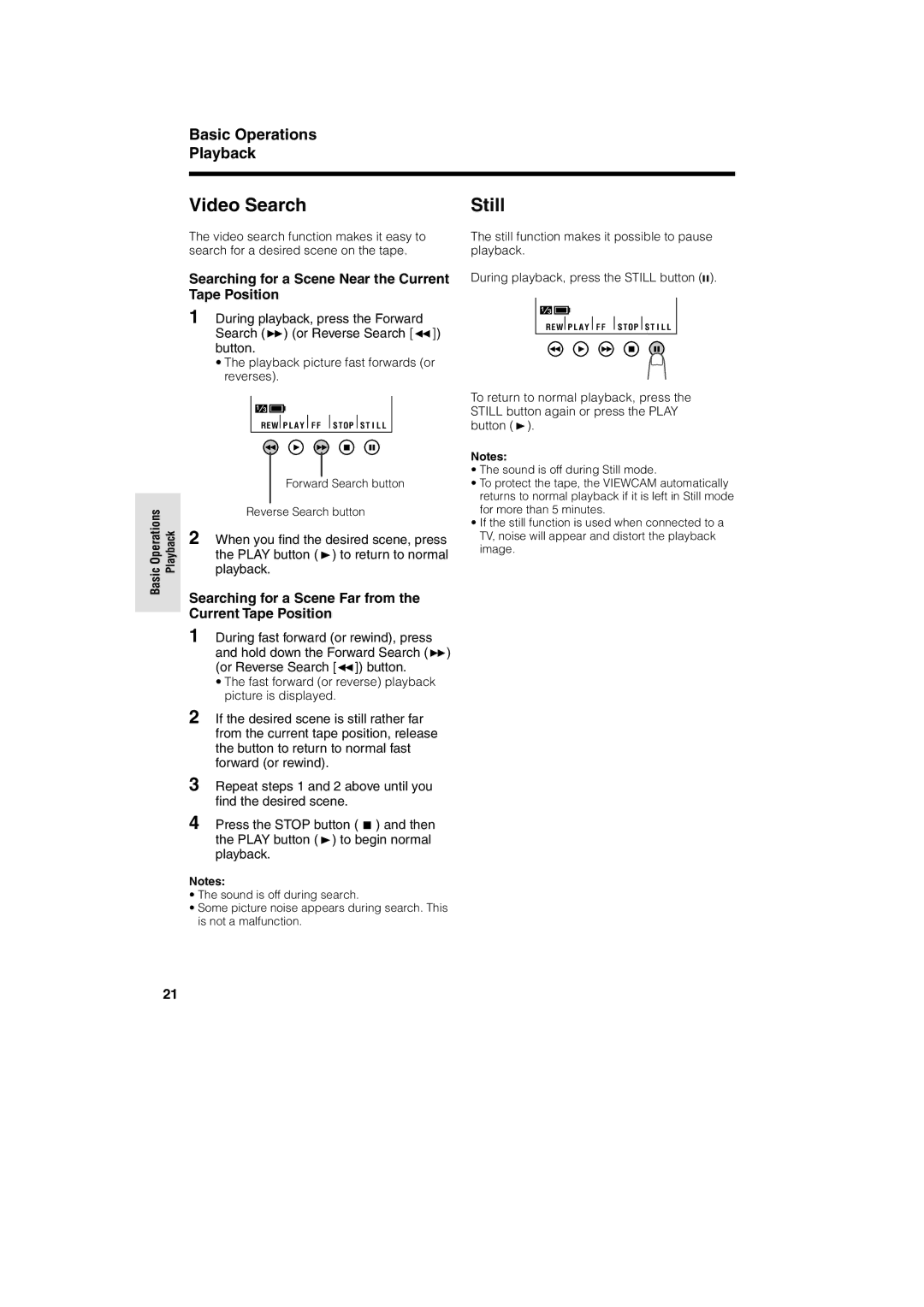 Sharp VL-A10H operation manual Video Search, Still, Basic Operations Playback 