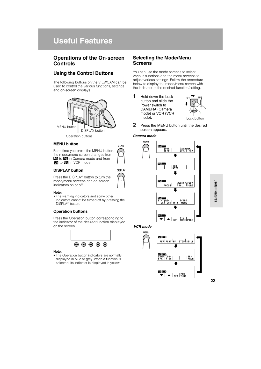 Sharp VL-A10H Operations of the On-screen Controls, Menu button, Display button, Operation buttons, Useful Features 