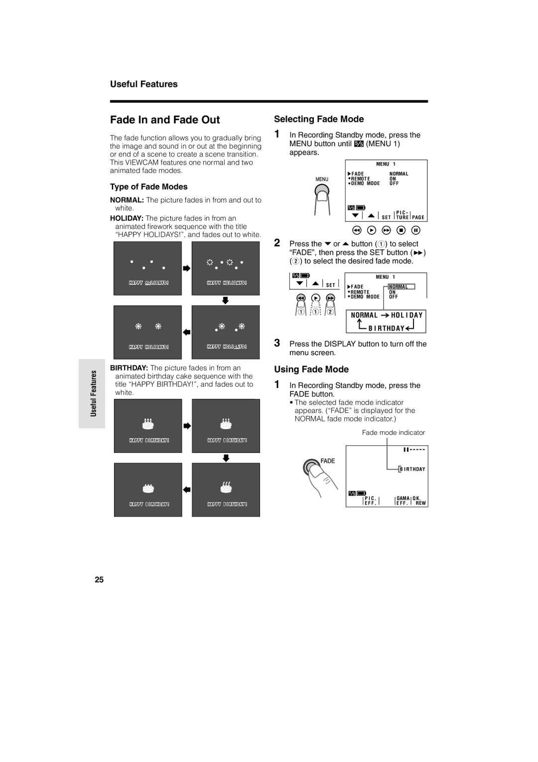 Sharp VL-A10H operation manual Fade In and Fade Out, Selecting Fade Mode, Using Fade Mode, Type of Fade Modes 