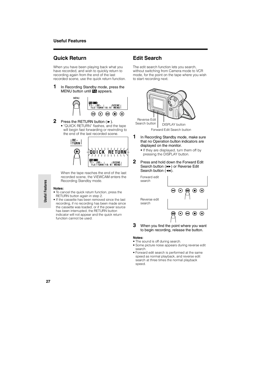 Sharp VL-A10H operation manual Quick Return Edit Search, Recording Standby mode, press Menu button until appears 