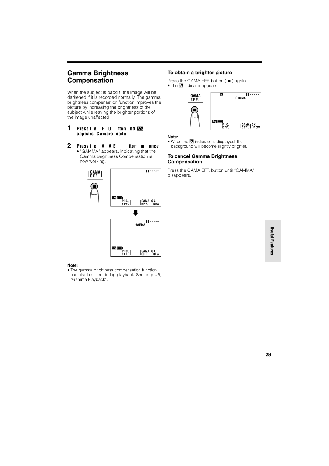 Sharp VL-A10H operation manual To obtain a brighter picture, To cancel Gamma Brightness Compensation 