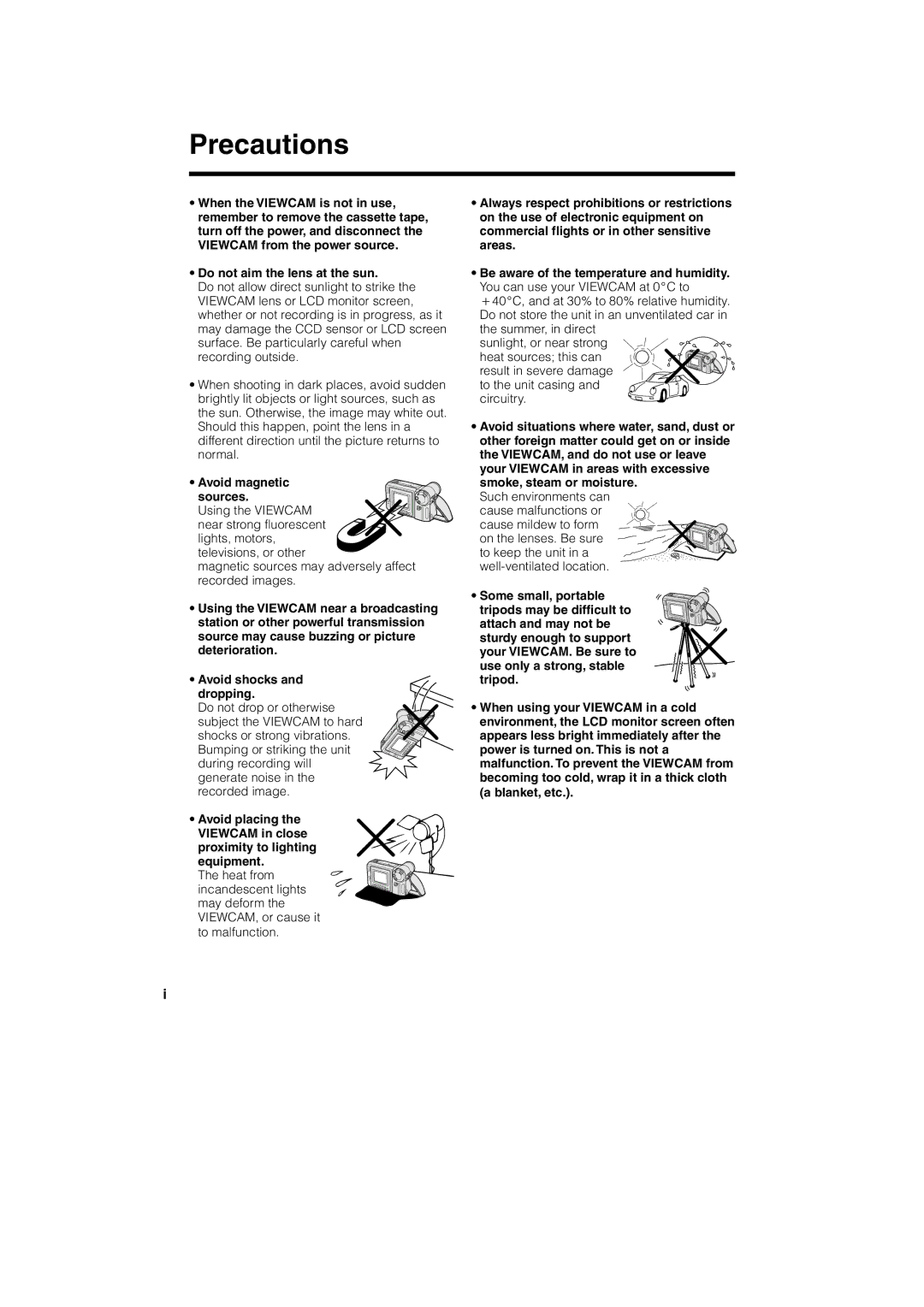 Sharp VL-A10H operation manual Do not aim the lens at the sun, Avoid shocks and dropping, Avoid placing 