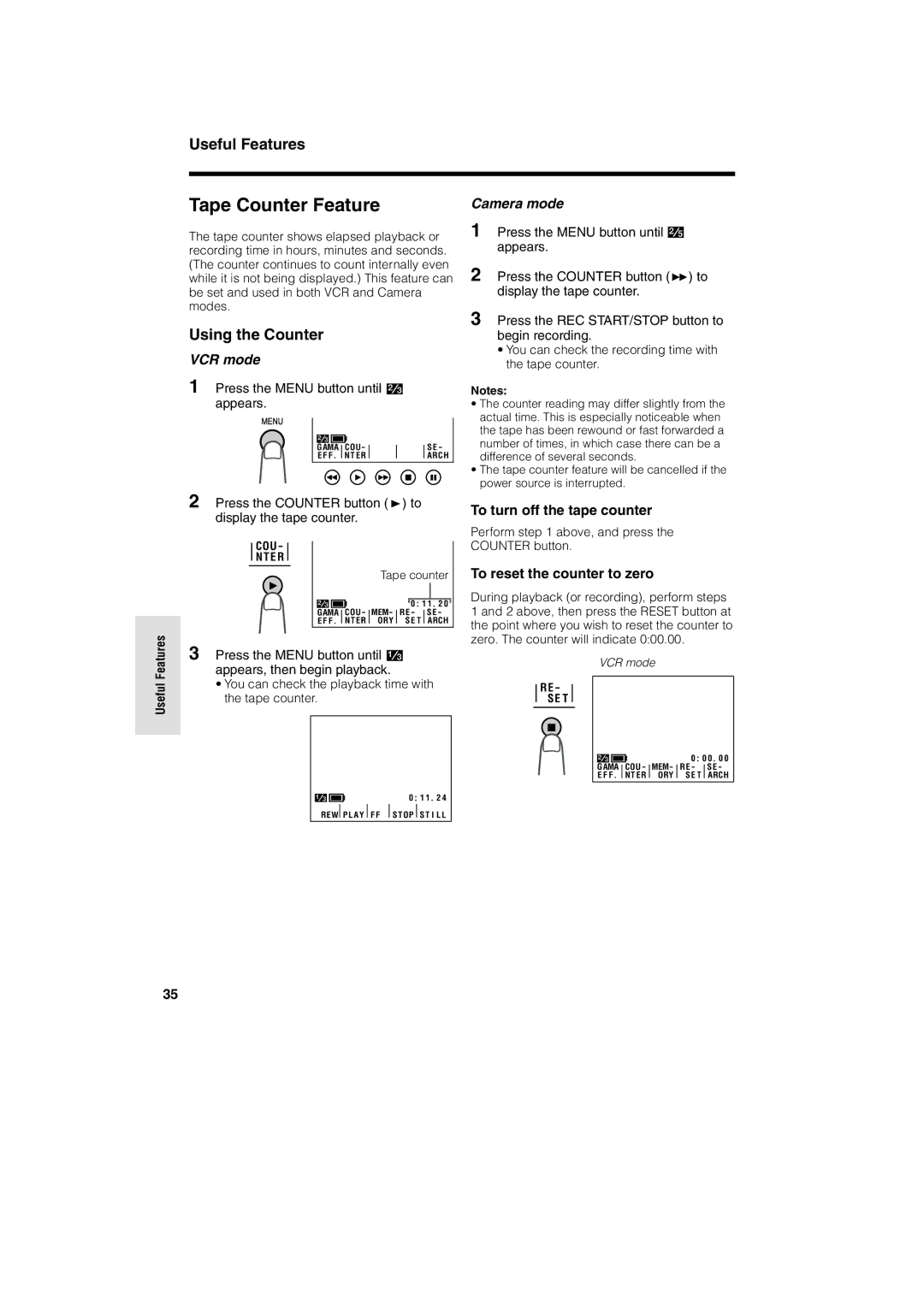 Sharp VL-A10H Tape Counter Feature, Using the Counter, To turn off the tape counter, To reset the counter to zero 