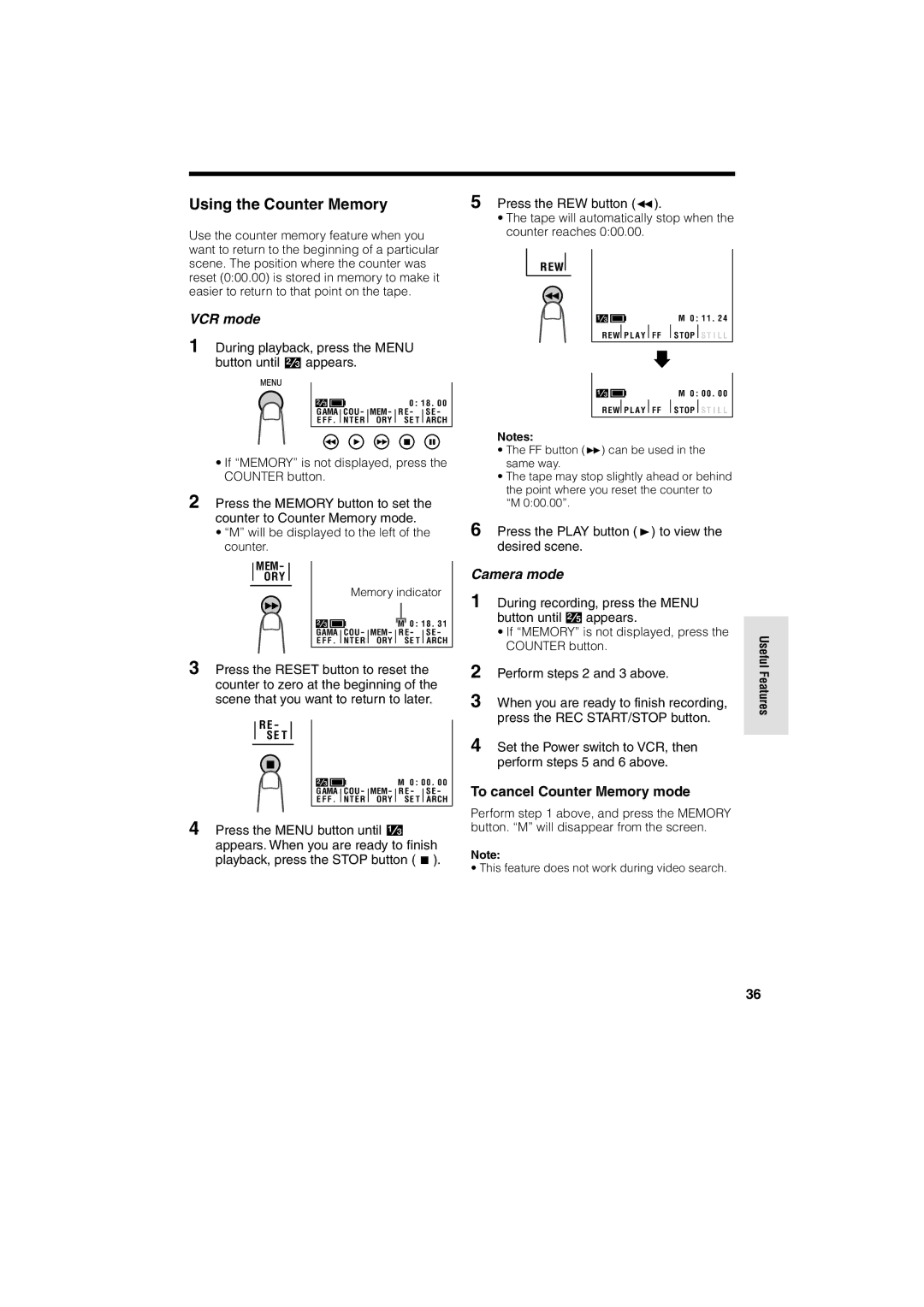 Sharp VL-A10H operation manual Using the Counter Memory, During playback, press the Menu Button until appears 