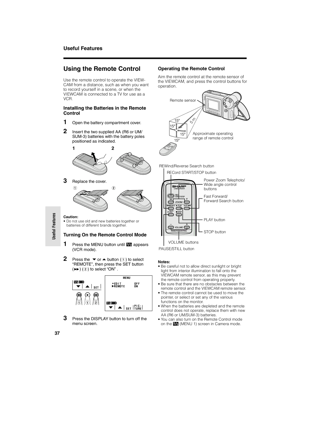 Sharp VL-A10H Using the Remote Control, Operating the Remote Control, Installing the Batteries in the Remote Control 