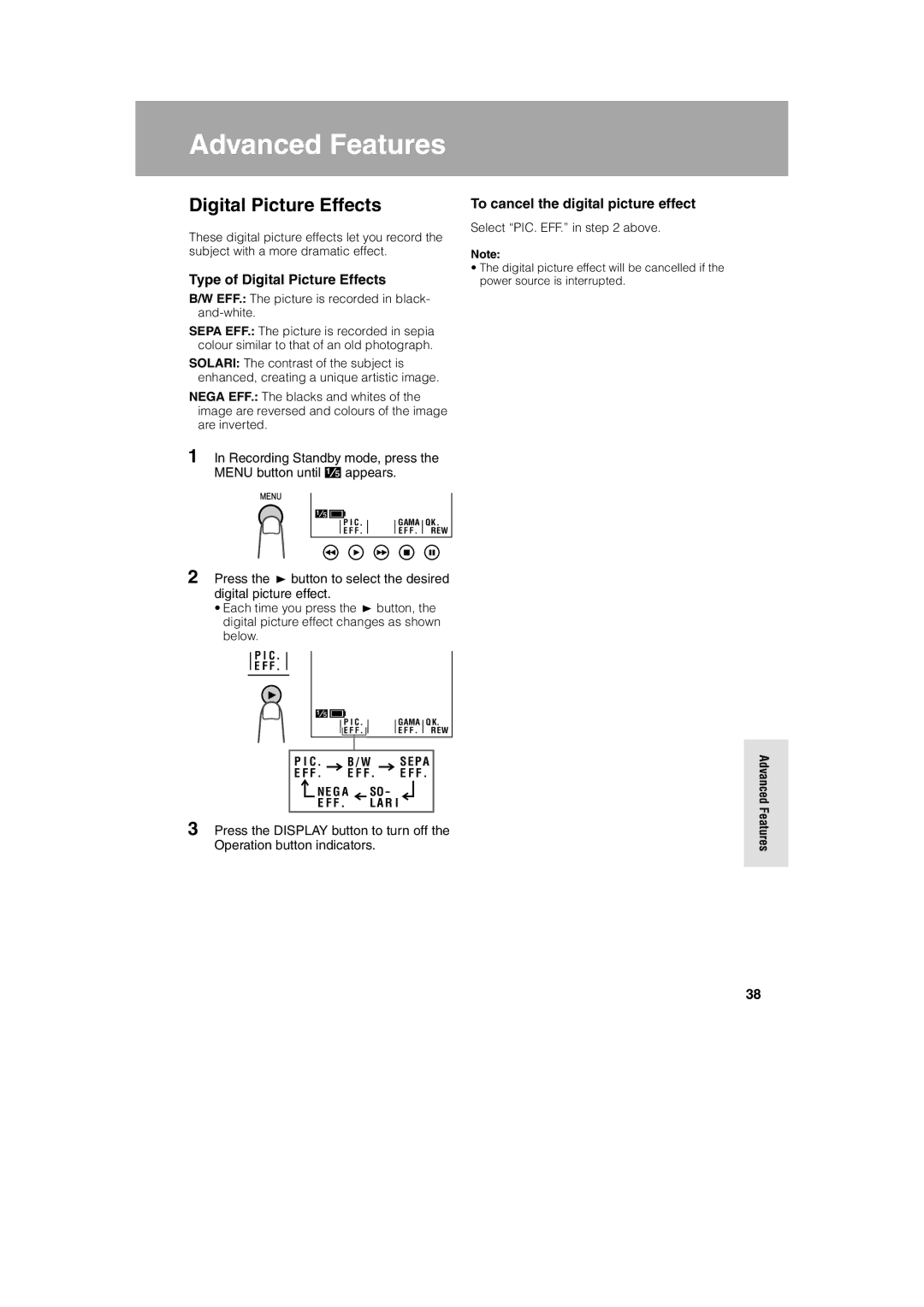 Sharp VL-A10H Type of Digital Picture Effects, To cancel the digital picture effect, Select PIC. EFF. in above 