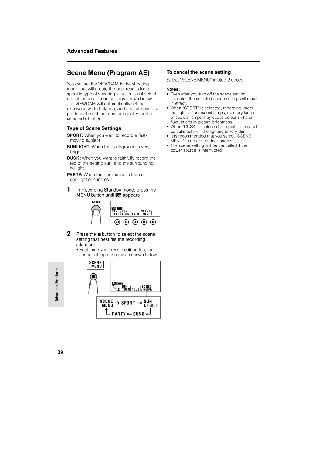 Sharp VL-A10H Scene Menu Program AE, Type of Scene Settings, To cancel the scene setting, Select Scene Menu in above 