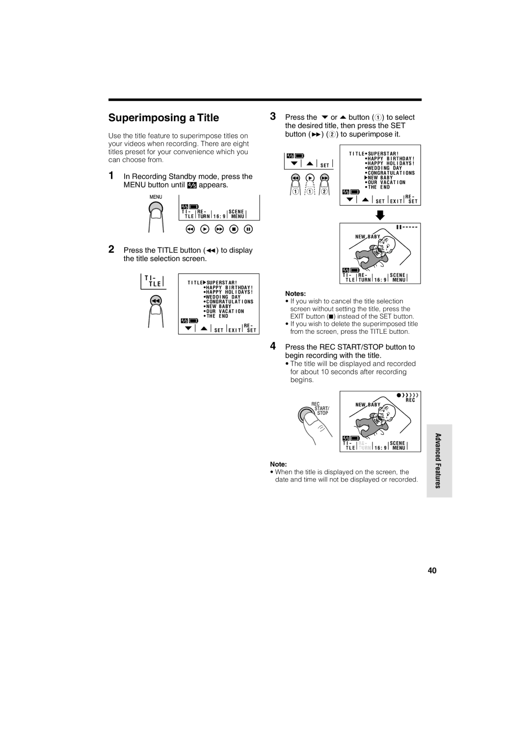 Sharp VL-A10H operation manual Superimposing a Title 