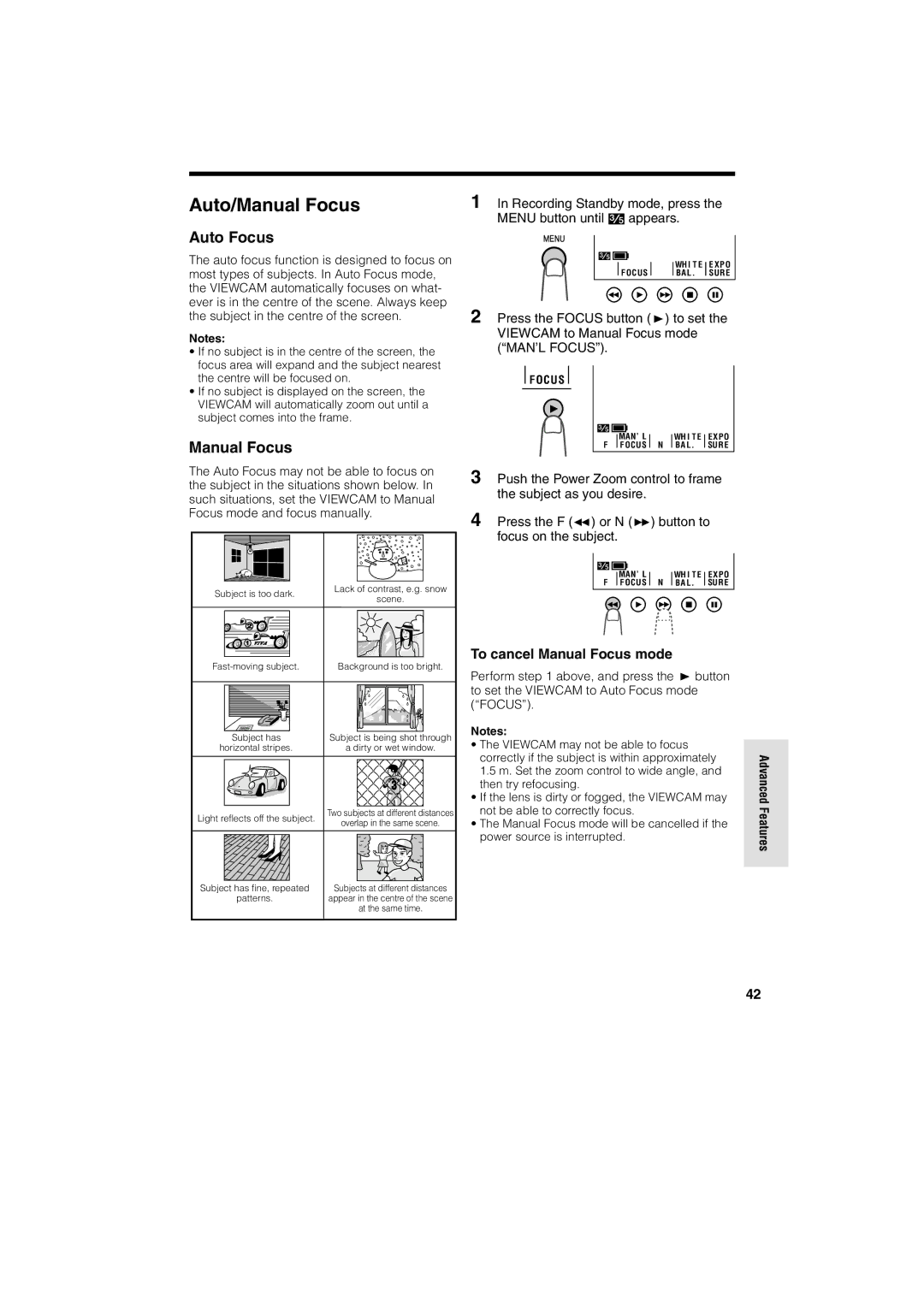 Sharp VL-A10H operation manual Auto/Manual Focus, Auto Focus, To cancel Manual Focus mode 