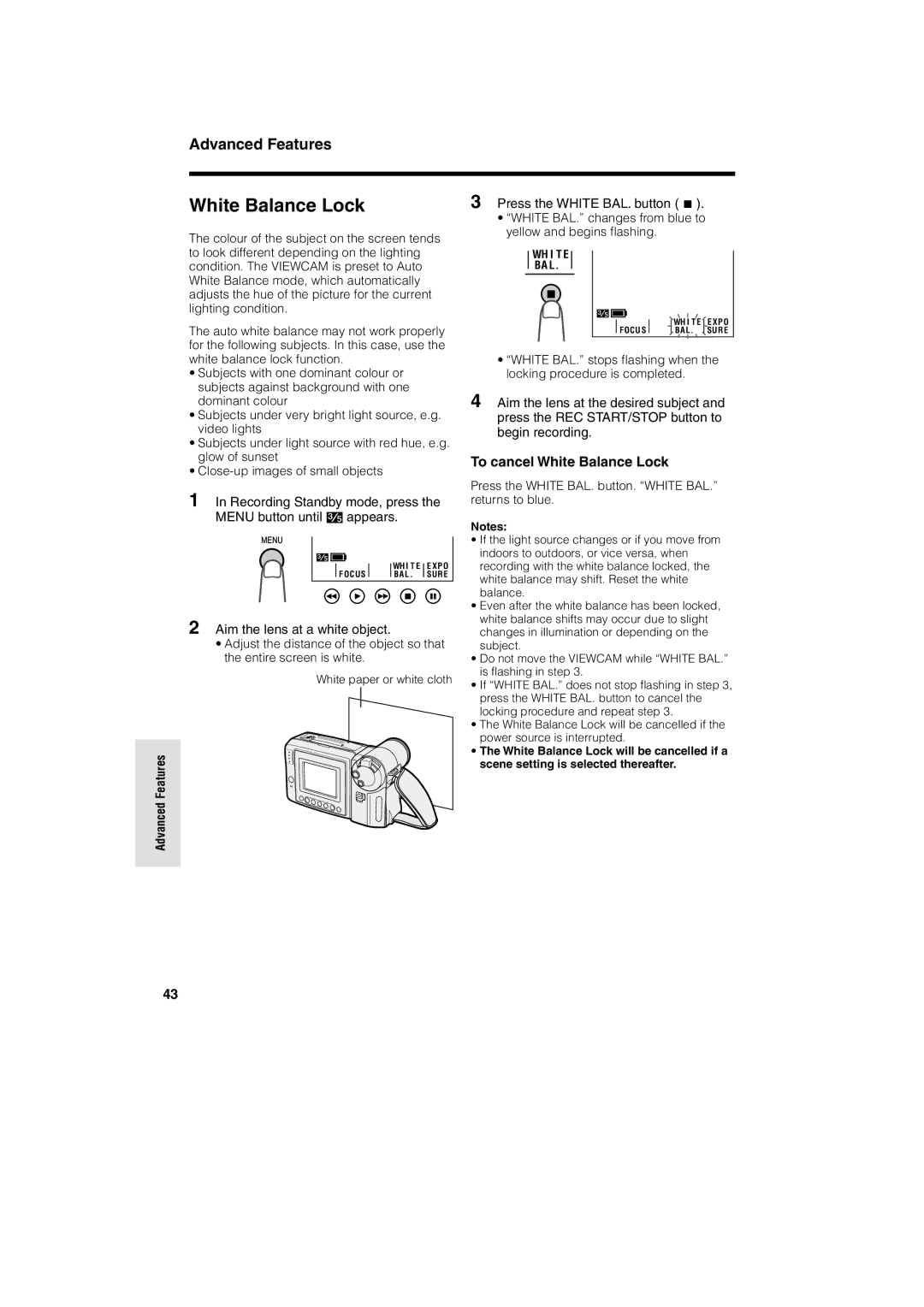 Sharp VL-A10H operation manual To cancel White Balance Lock, Press the White BAL. button. White BAL. returns to blue 