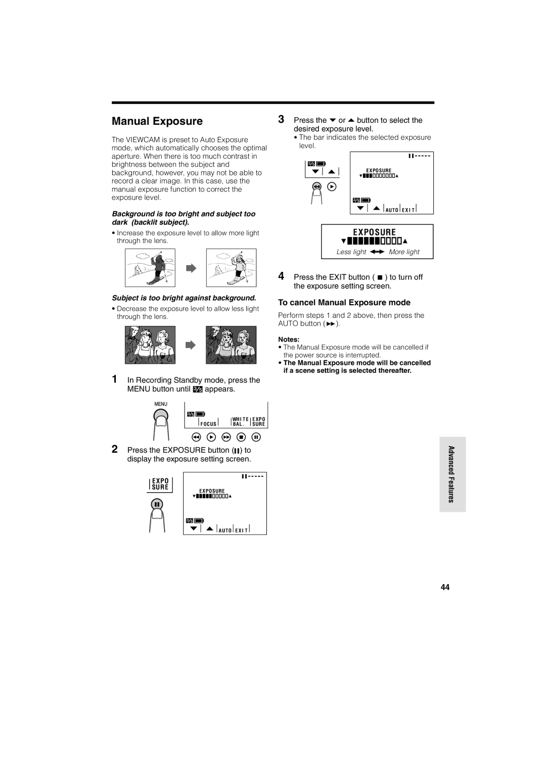 Sharp VL-A10H To cancel Manual Exposure mode, Perform steps 1 and 2 above, then press the Auto button B 