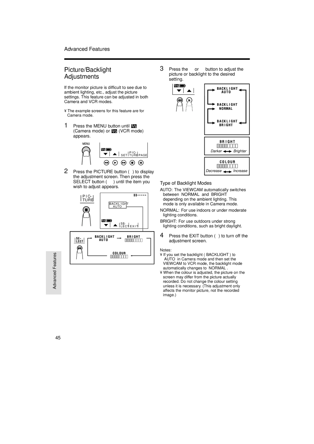 Sharp VL-A10H operation manual Picture/Backlight Adjustments, Type of Backlight Modes 