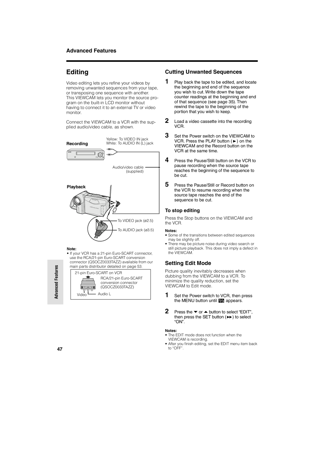 Sharp VL-A10H operation manual Editing, Cutting Unwanted Sequences, Setting Edit Mode, To stop editing 