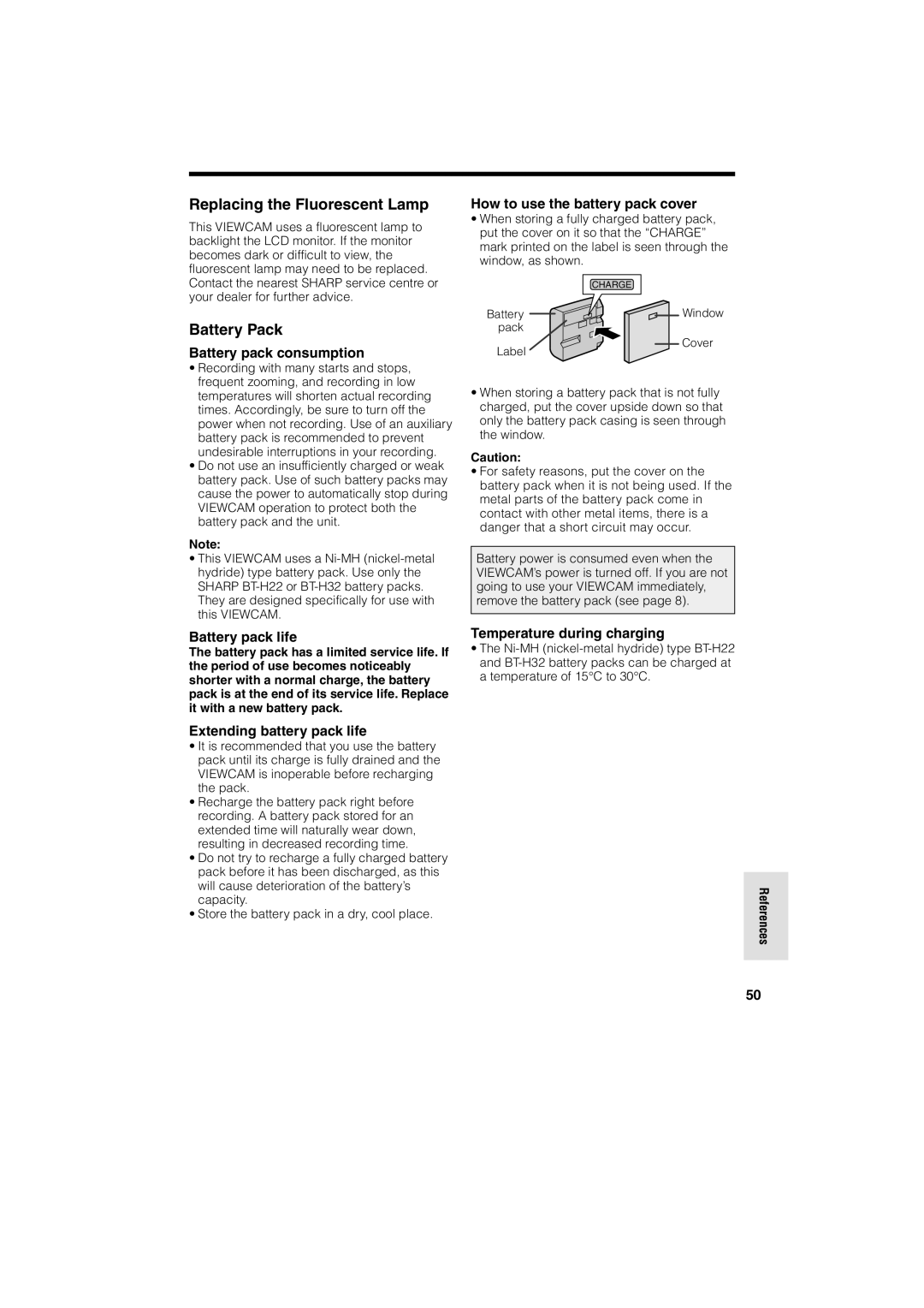 Sharp VL-A10H operation manual Replacing the Fluorescent Lamp, Battery Pack 