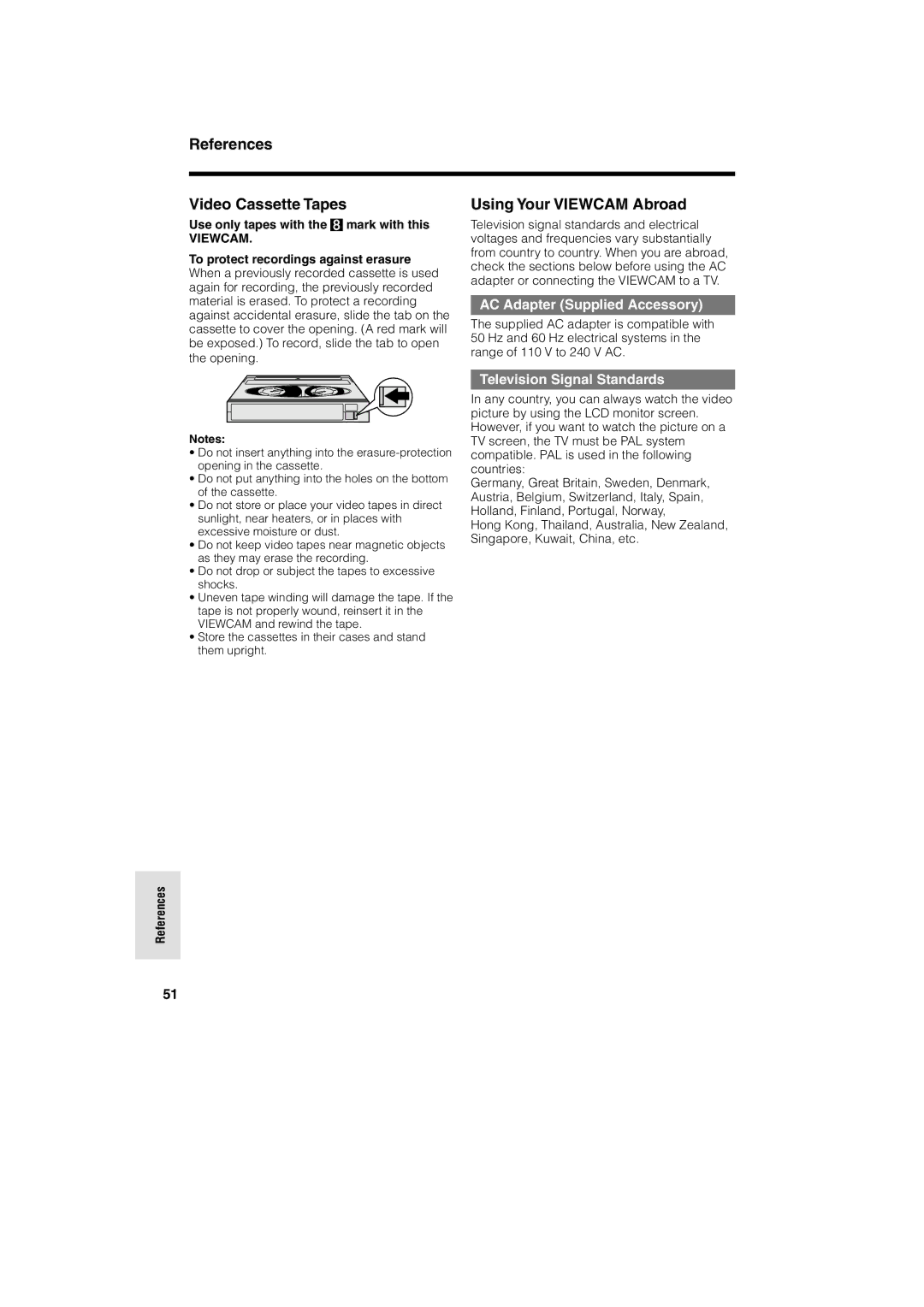 Sharp VL-A10H References Video Cassette Tapes, Using Your Viewcam Abroad, Use only tapes with the mark with this 