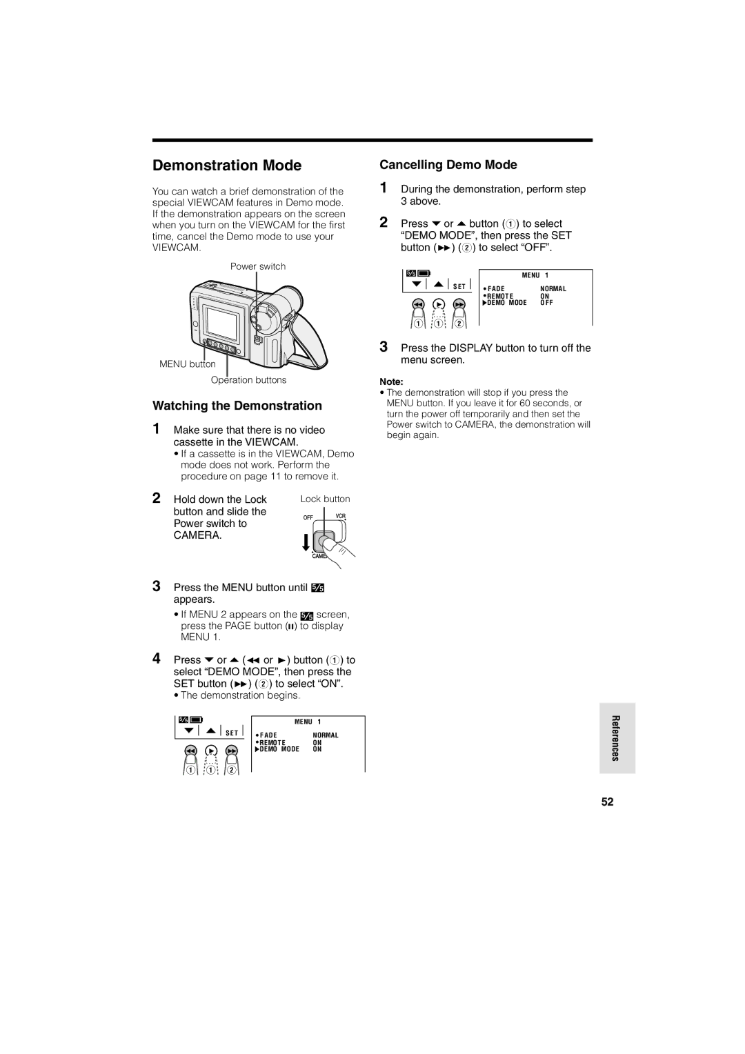 Sharp VL-A10H Demonstration Mode, Watching the Demonstration, Cancelling Demo Mode, Button and slide Power switch to 