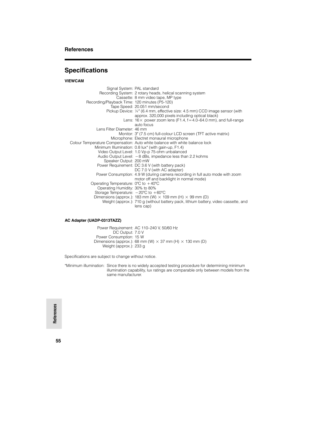 Sharp VL-A10H operation manual Specifications, Viewcam 