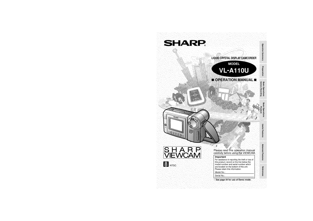 Sharp VL-A110U operation manual See page 54 for use of Demo mode 